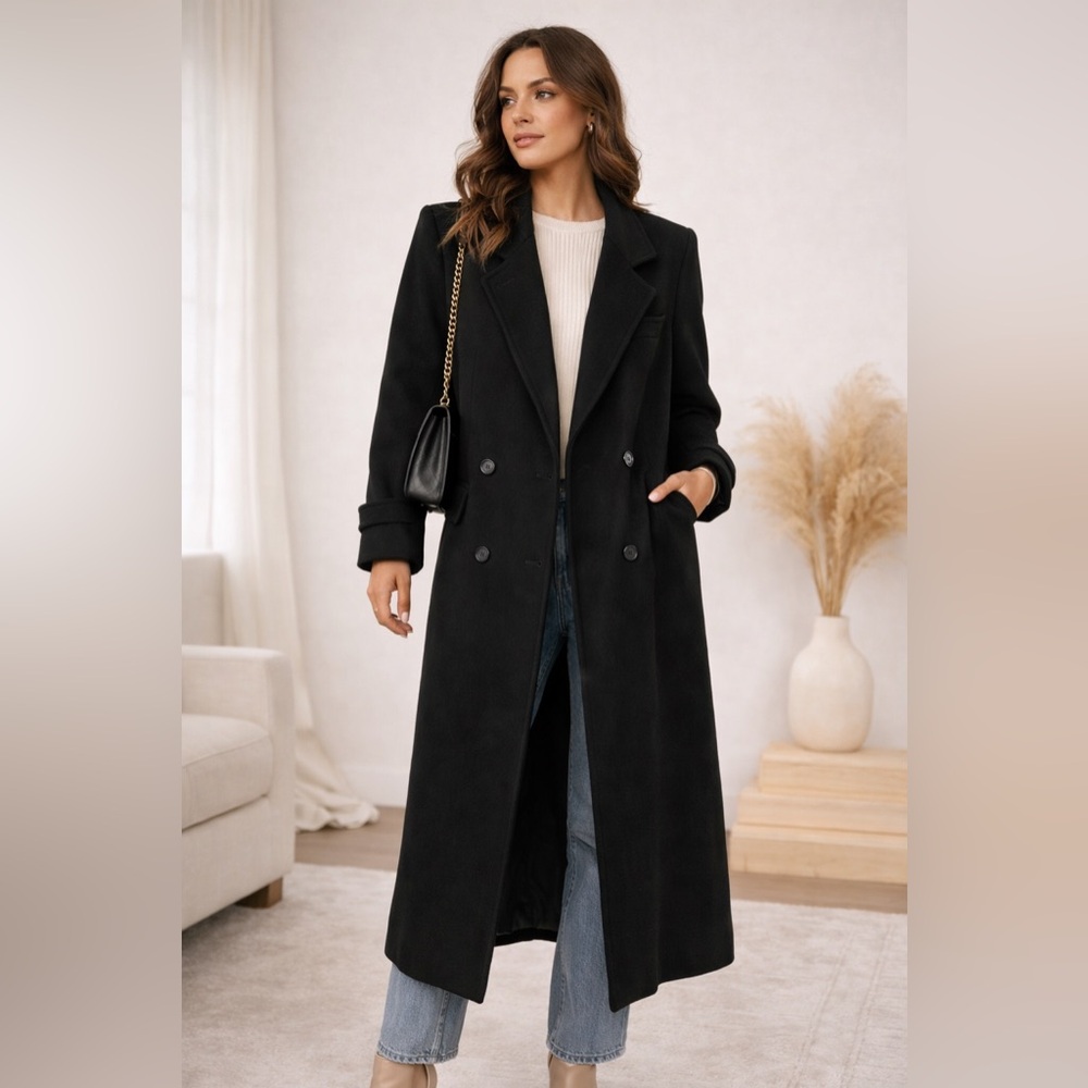 Evan Picone Black Wool Double Breasted Coat Size 12 | Classic Long Coat